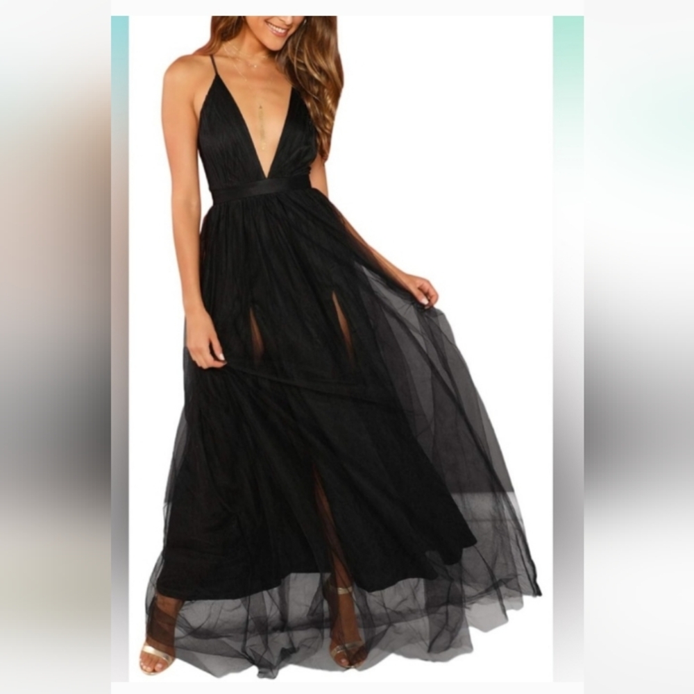 Sparkle/Shimmer Black Organza Formal Crisscross Spaghetti Strap Maxi Dress NEW!
